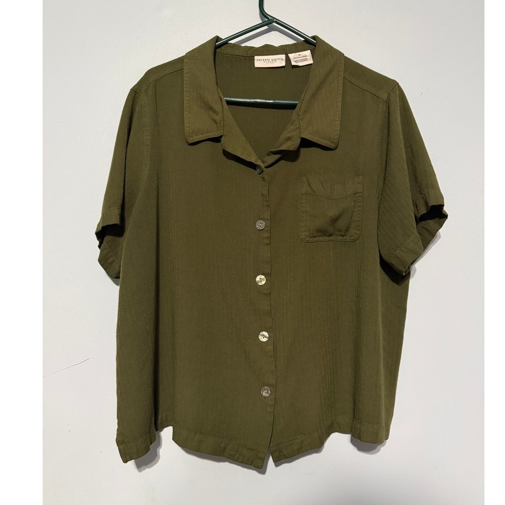 Jaclyn Smith Size 1X Classic Plus Olive Green Rayon Button Down Shirt Short 1759